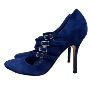 Manolo Blahnik Blue Suede Multi-strap Round Toe Heels
